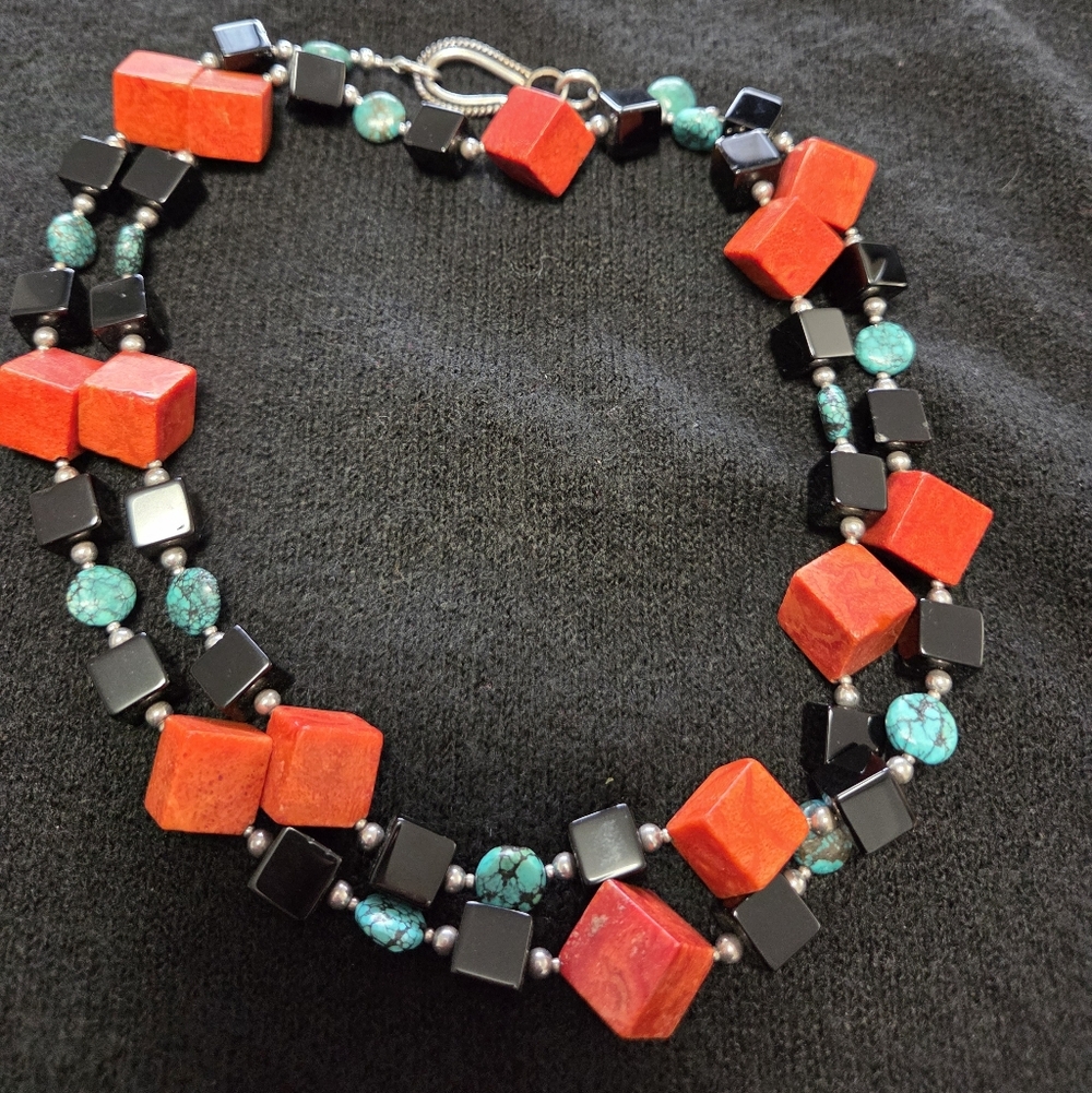 Red and Black Real Coral and Turquoise Real Stone Beaded Necklace